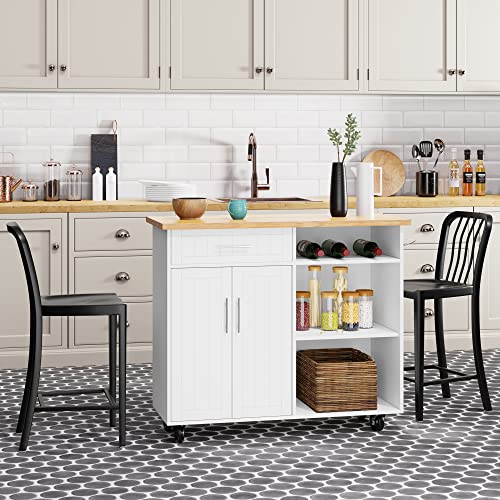 Shintenchi Kitchen Island Cart with Storage,Rolling Side Table on Wheels with Large Worktop, Cabinet,Towel Rack and Drawers for Kitchen,Dinning Room, White - Image 2