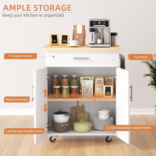 Shintenchi Kitchen Island Cart with Storage,Rolling Side Table on Wheels with Large Worktop, Cabinet,Towel Rack and Drawers for Kitchen,Dinning Room, White - Image 72