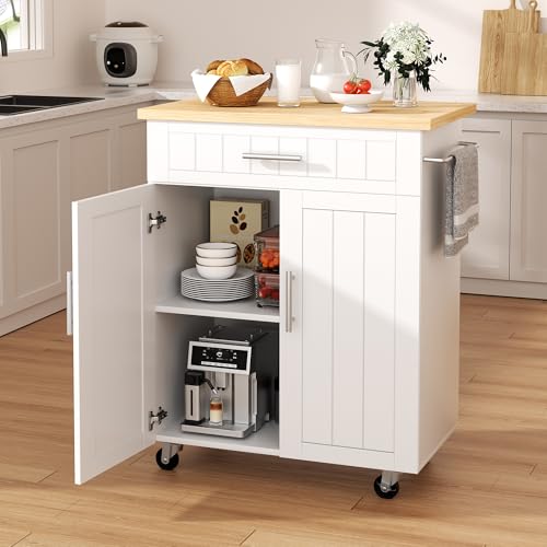 Shintenchi Kitchen Island Cart with Storage,Rolling Side Table on Wheels with Large Worktop, Cabinet,Towel Rack and Drawers for Kitchen,Dinning Room, White - Image 70