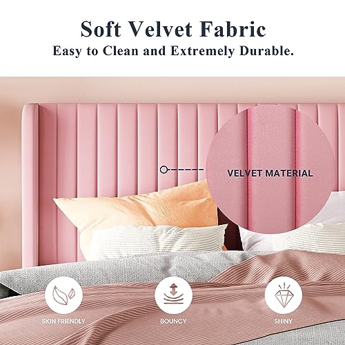 Allewie Queen Size Velvet Bed Frame/Vertical Channel Tufted Wingback Headboard/Upholstered Platform Bed/Strong Wooden Slats/No Box Spring Needed/Easy Assembly/Black - Image 43